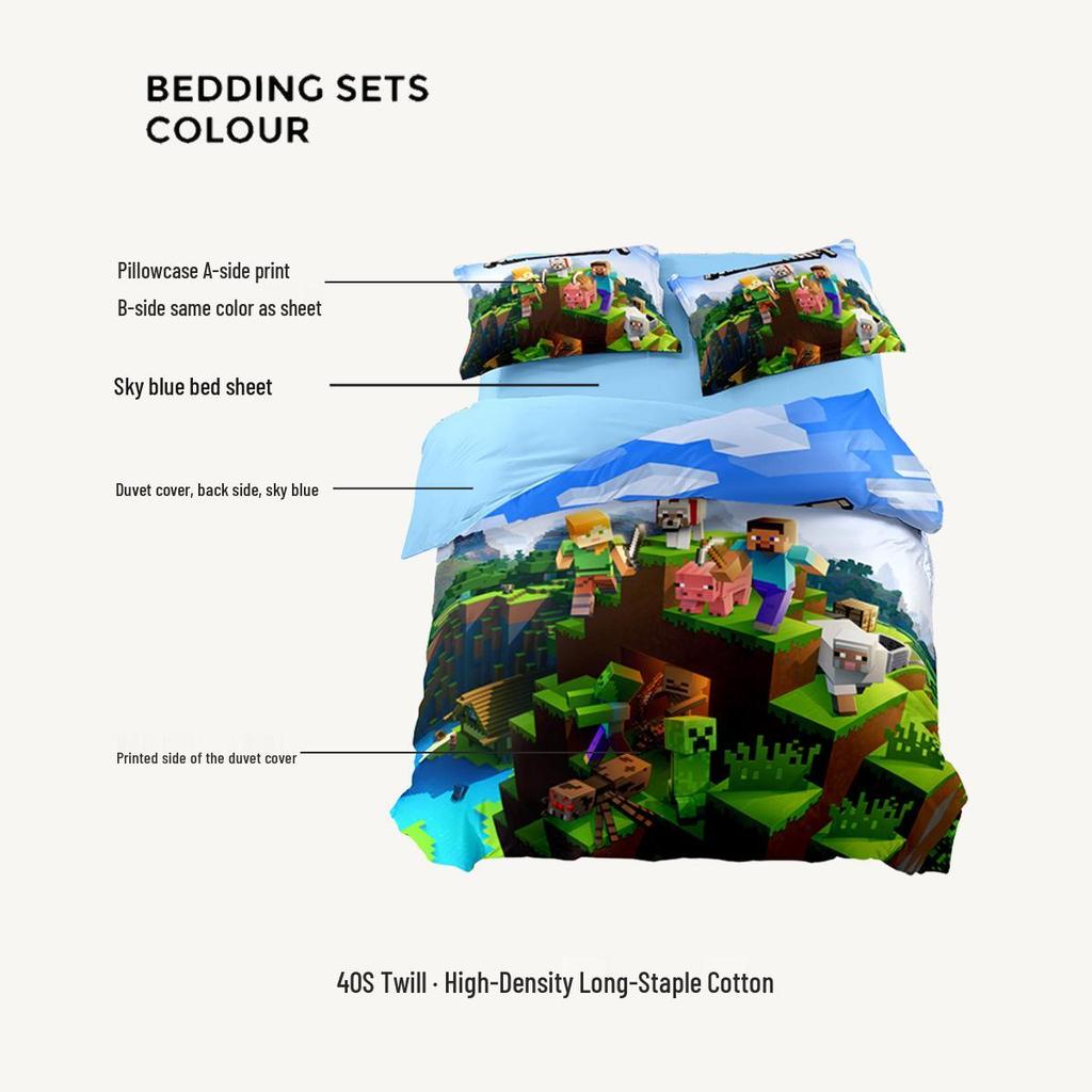 Minecraft Cotton Boys' Duvet & Bedding Set – 3 Pieces for Student Dorms