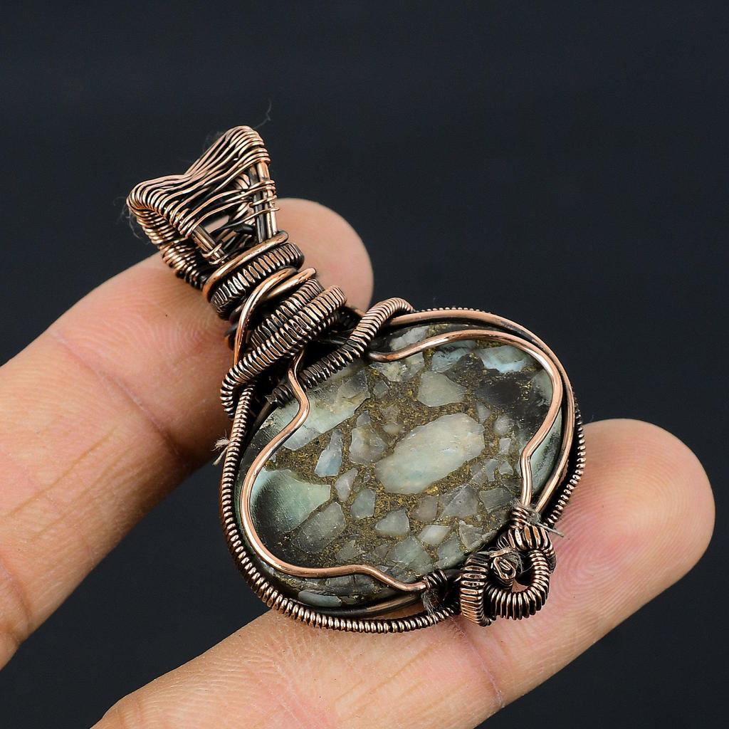 Copper Larimar Pendant Gemstone Handmade Jewelry, 999 Copper Wire Wrapped Pendant, Gift For Wife Jewelry