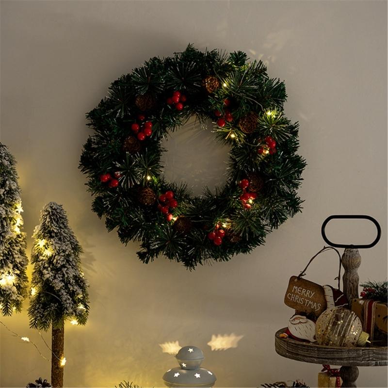 Holiday Pinecones Berries Christmas Wreath with Warm LED Lighting 40cm Diameter for Front Door Indoor and Outdoor Decors
