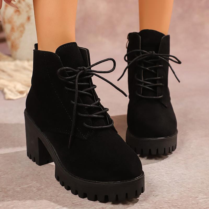 Fashion Fashion Chunky Heeled Ankle Boots for Women 2025 Autumn Winter Black Platform Booties Woman Zip Lace Up High Heels Short Boots