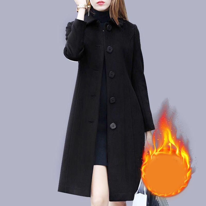 Autumn Women Coat Mid-Length Single-Breasted Solid Color Turn-down Collar Elegant Soft Plus Size Warm Winter Jacket