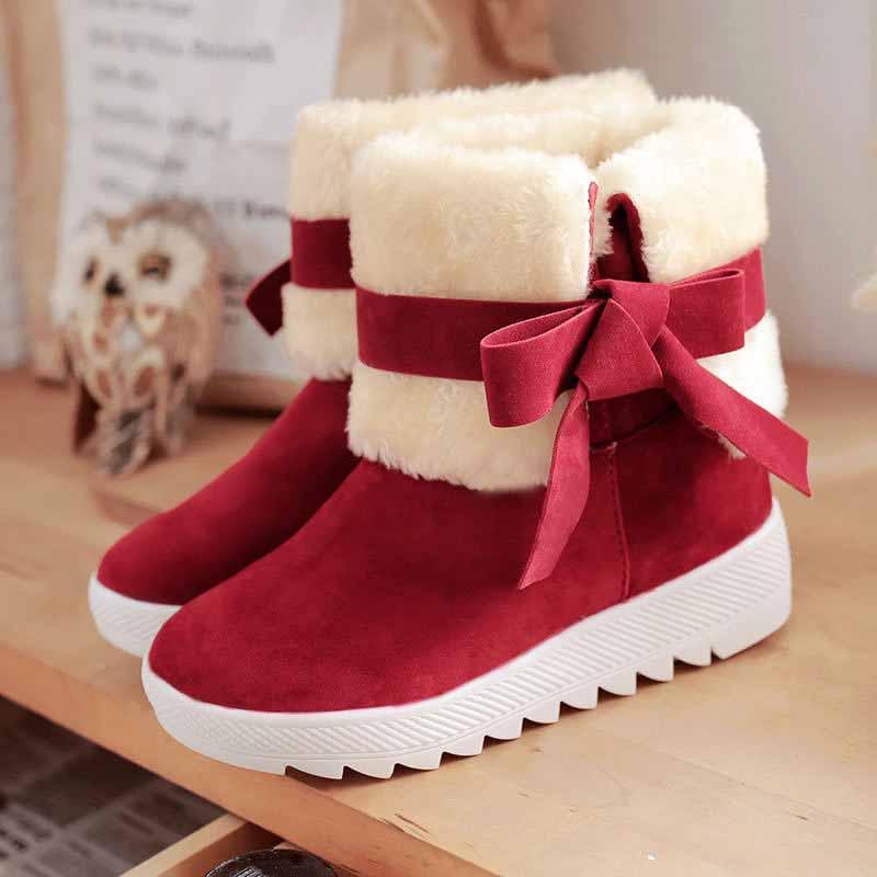 Women's Winter Boots Warm Fur Lined Casual Ankle Shoes With Sweet Bow Flats
