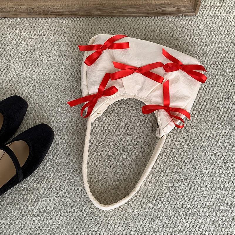 2024 New Bow Niche Design Armpit Bag Women s Sweet Personalized Shoulder Nylon Dumpling Large Capacity белый