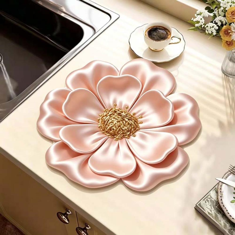 3D Flower Design Dish Draining Mat Water Absorbent Flower Countertop Mat  Bathroom