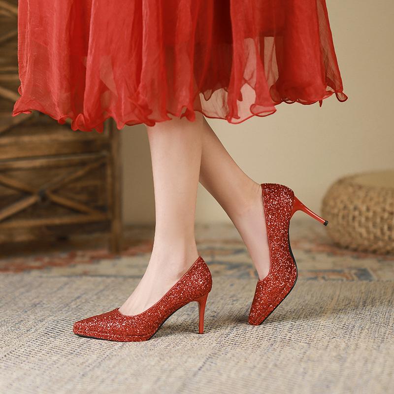 8088-6 Bridesmaids Bridal Wedding Shoes Women's New Pointed Thin Heel Xiuhe Shoes Temperament High Heels Women's 8CM