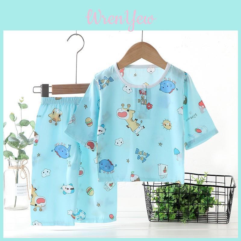 Dinosaur Kids Pajama Set With Cotton Satin Breathable Fabric For Summer Sleepwear