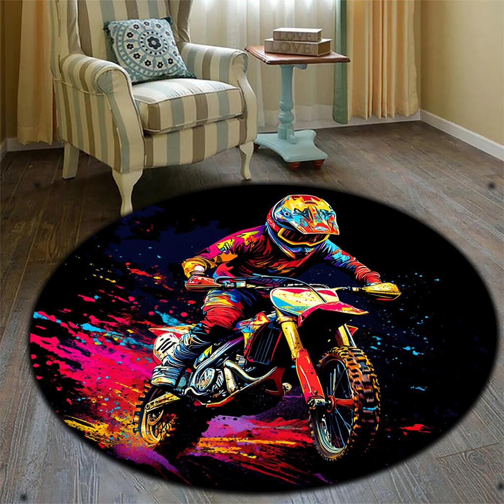 1pc Colorful Motorcycle Rider Pattern Round Rug, Non-slip Floor Mat for Living Room, Bedroom, Bathroom, Holiday Home Decoration