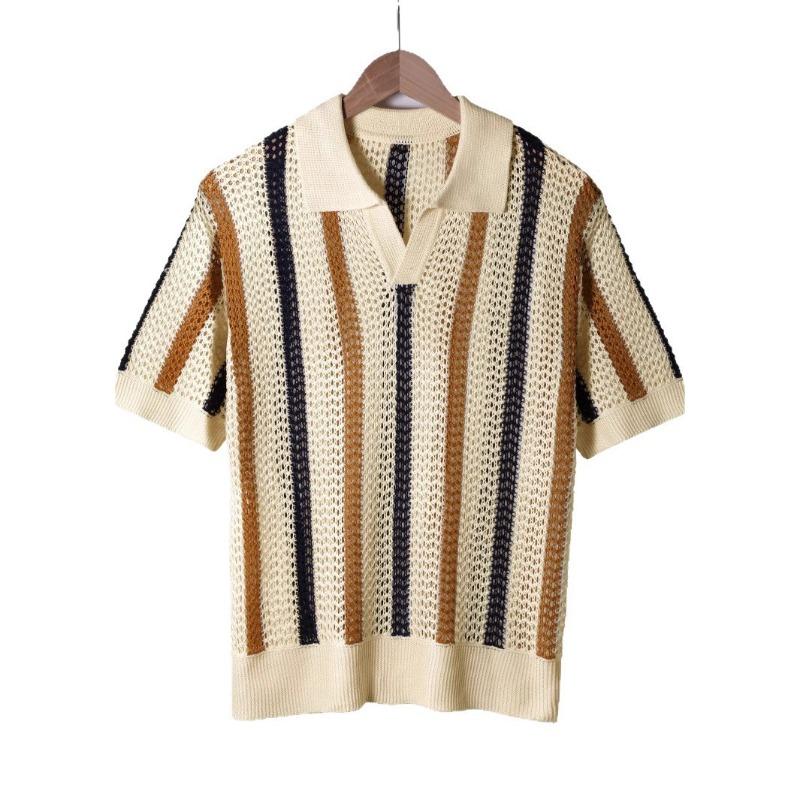 Europese Amerikaanse Mannen Zomer T-shirt met Korte Mouwen Eenvoudig Ontwerper Geometrisch Kleurblok Gestreept Ronde Hals Gebreide Top