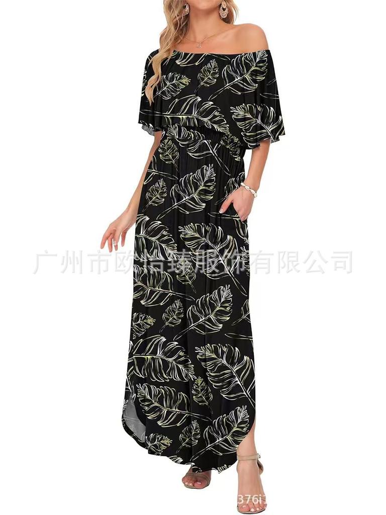 Summer new printed one-word shoulder short-sleeved long dress