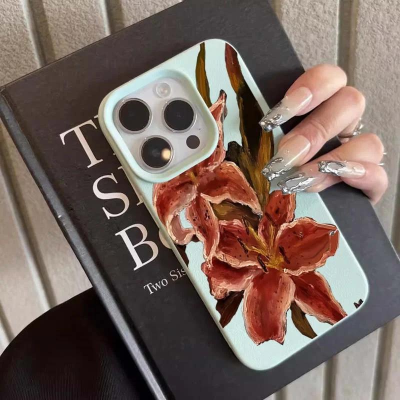 Vintage Art Oil Painting Flower Case For iPhone 17 16 15 14 13 12 11 Pro Max Plus Elegant Aesthetic Shockproof Soft Matte Cover