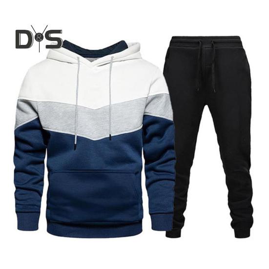 

2 шт./комплект мужской спортивный костюм с капюшоном, длинными рукавами, передними карманами, толстовка с эластичной резинкой на талии, спортивные штаны, комплект, цветная спортивная одежда в стиле пэчворк XL синий