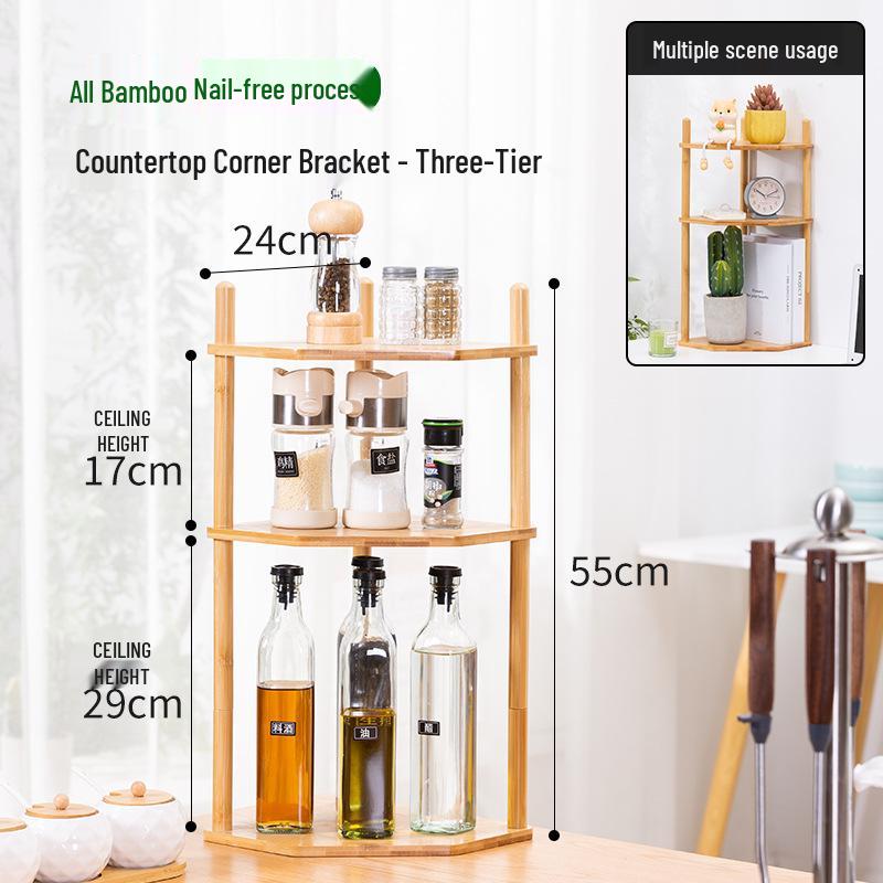 Bambusová kuchyňská rohová police: Multifunkční trojúhelníkový stojan na koření pro uložení na pracovní desku a na stůl.