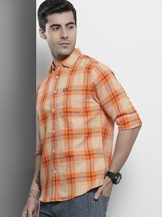 Men Slim Fit Checkered Full Sleeves Spread Collar Casual Shirt ( Rust )