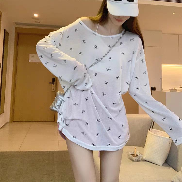 2025 Summer Bow Print Long Sleeve T-shirts for Women's Casual Loose and Thin Slightly Transparent Sun Protection Cover Top White Black T Shirt