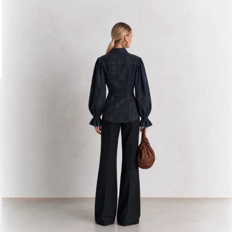 Vintage Casual Navy Blue Puff Sleeve Shirt Jacket Women