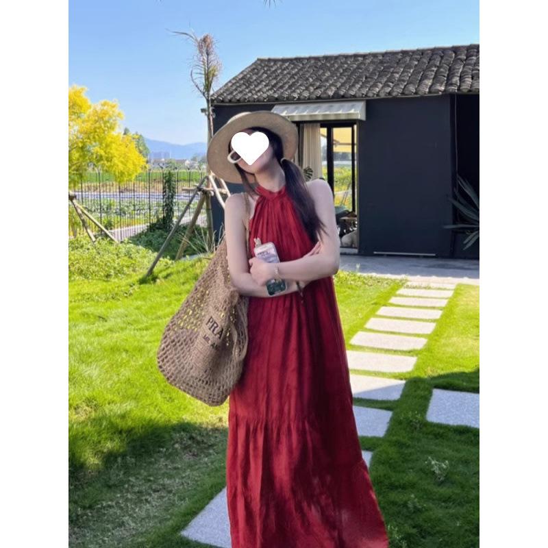 New Chinese Retro National Style Jacquard Red Neck Dress Women's Summer Seaside Vacation Temperament Big Pendulum Long Skirt
