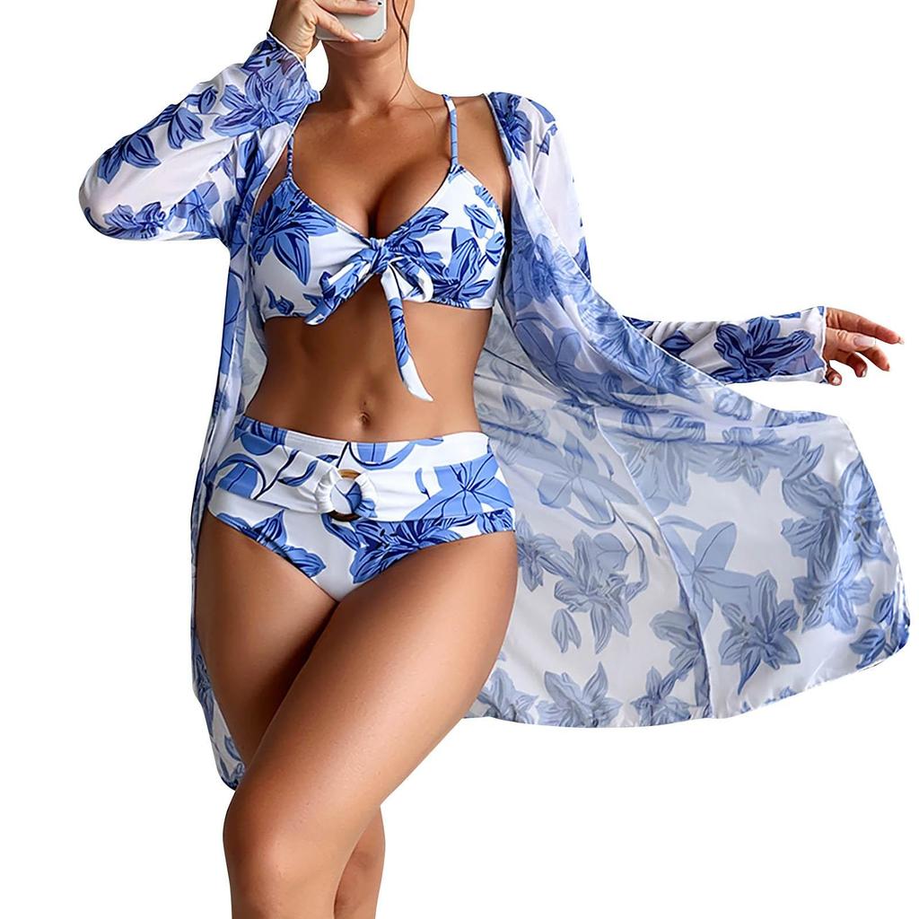 Damen-Badeanzug-Set mit sexy Split-Print und langem Rock (3 Sätze)