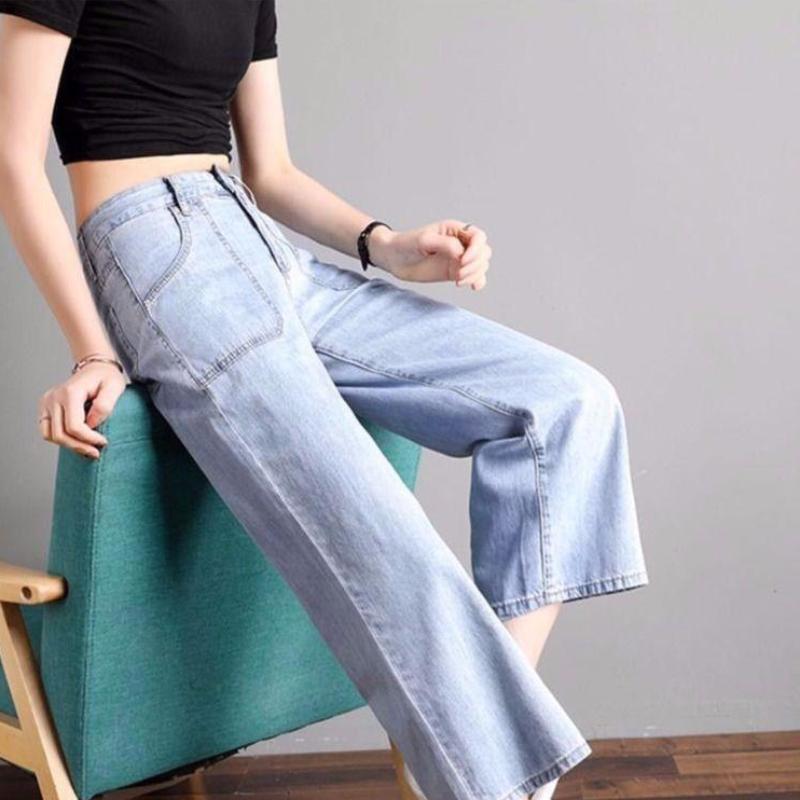 Korean Style Loose Student Wide-leg Jeans Women Summer Thin Simple Straight-leg Pants Women's High Waist Cropped Trousers