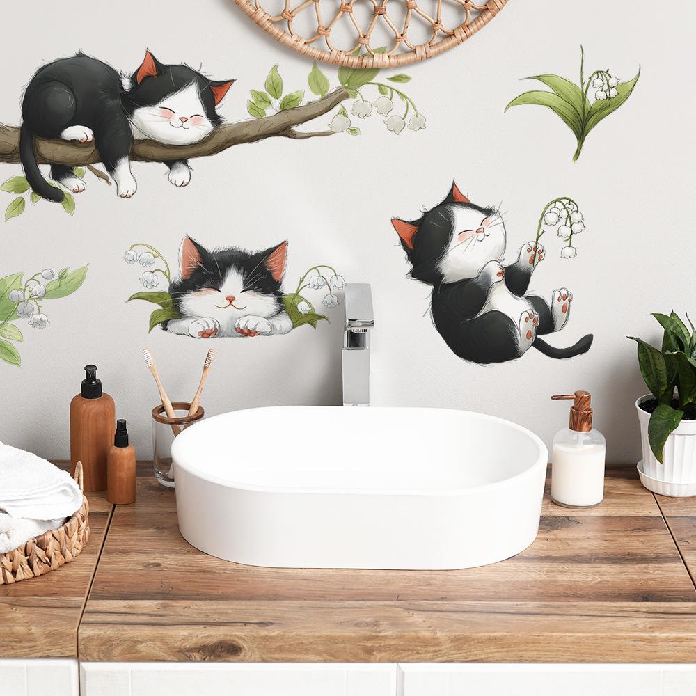 Cartoon Playing and Sleeping Cat Children's Room Bedroom Wall Beautification Stickers