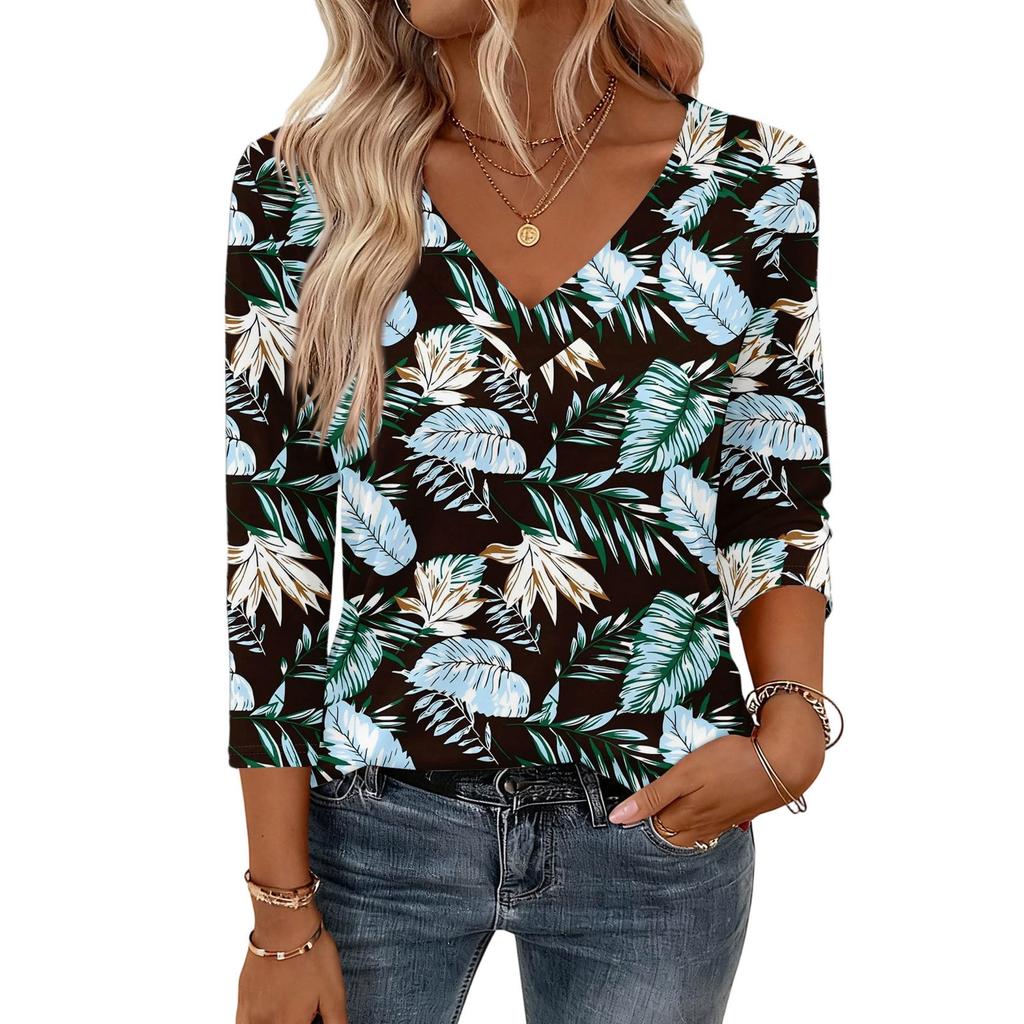 3/4 Length Sleeve Womens Tops V Neck Shirt  Casual Blouse Basic Tshirts
