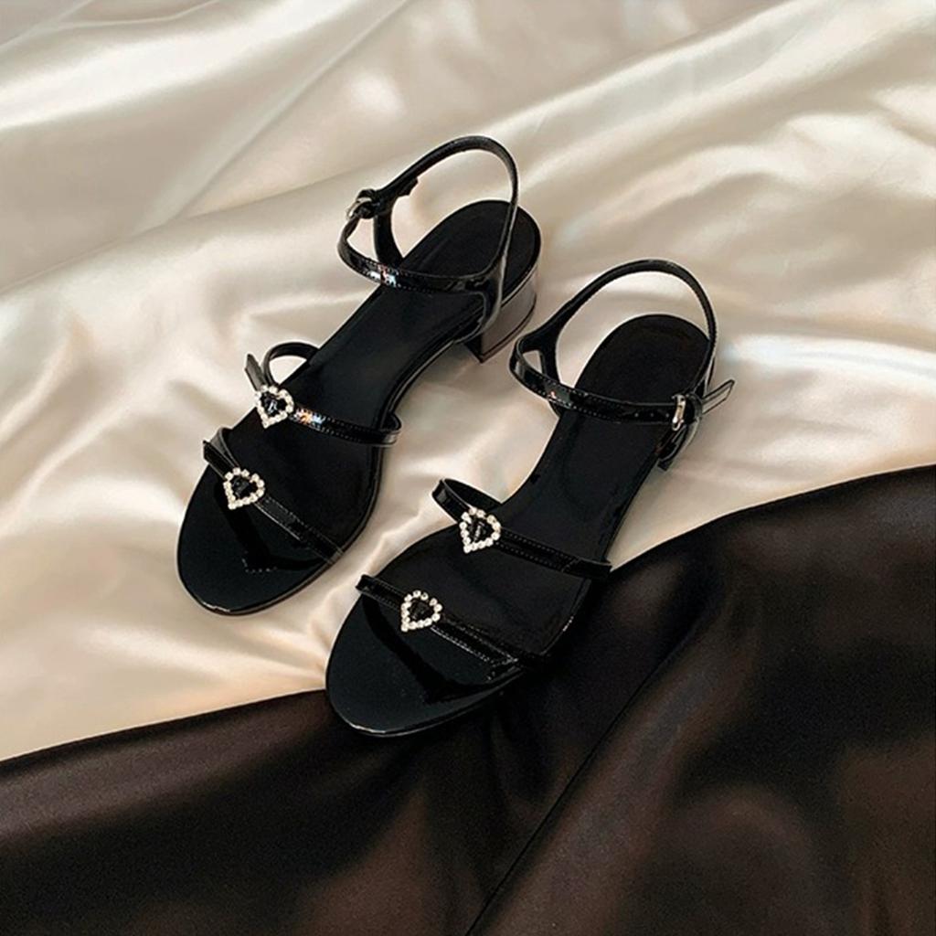 Sheepskin Version~ French Rhinestone Love Buckle Flat-soled Sandals for Women's Summer Versatile Round Head with Thick Heels and Cool Slippers