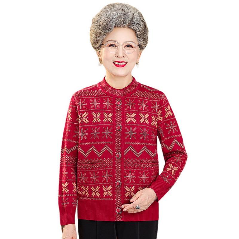 Mom Autumn Winter Jacket Old Man Autumn Clothing Knitted Cardigan Female Grandma Sweater Old Woman Age 0 Loose Top