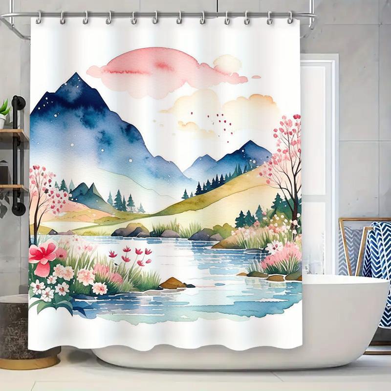 

Watercolor Scene Shower Curtain Nature Landscape With Mountains And Flowers Pink Clouds Above Waterfall Decorative Fabric Liner W60H190(CM)-1 Pcs
