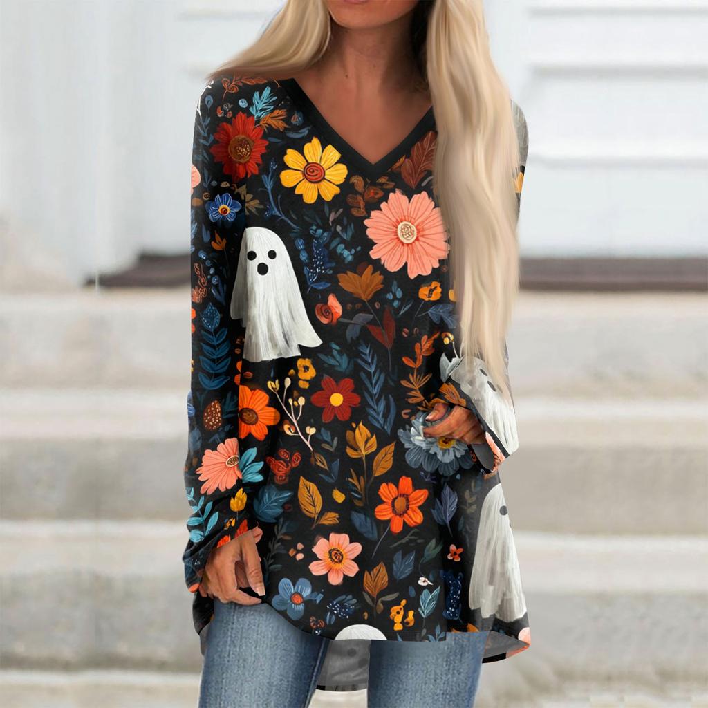Women's Long Sleeve V-Neck Tunic T-Shirt with Halloween Print for Casual Fall Outings