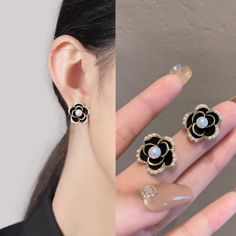Black Camellia Stud Earrings Temperament Flower Pearl Earrings For Women Party Elegant Jewelry Accessories Girls Gift