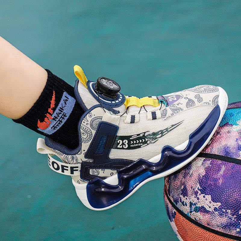 Foreign trade new four-season children's basketball shoes medium and old children's rotating buckle breathable mesh non-slip and wear-resistant act