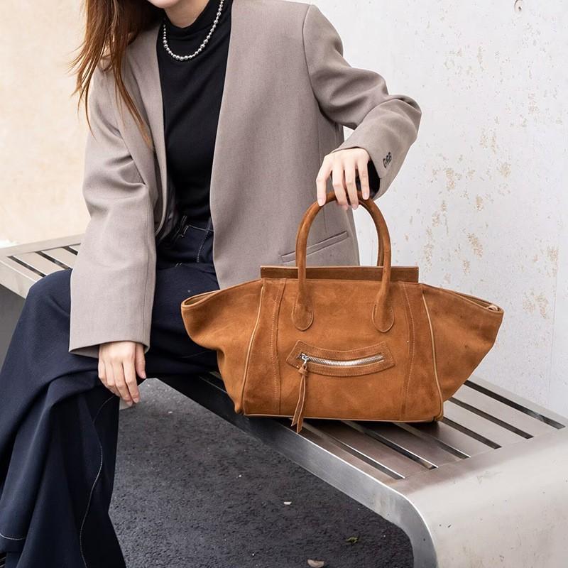 Pravá kůže Taška s obličejem Smiley Dámská Matná hovězí Kůže Velká kapacita Tote Do práce Ruční křídlo Módní Jednoramenná Crossbody