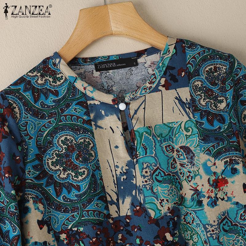 ZANZEA Blusa informal holgada con estampado étnico y mangas 3/4 para mujer