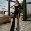 Fashion Women's New Autumn New Fashion Pure Color One Shoulder Mesh Patchwork Skinny Leg Sexy Siamese Pants Jumpsuits