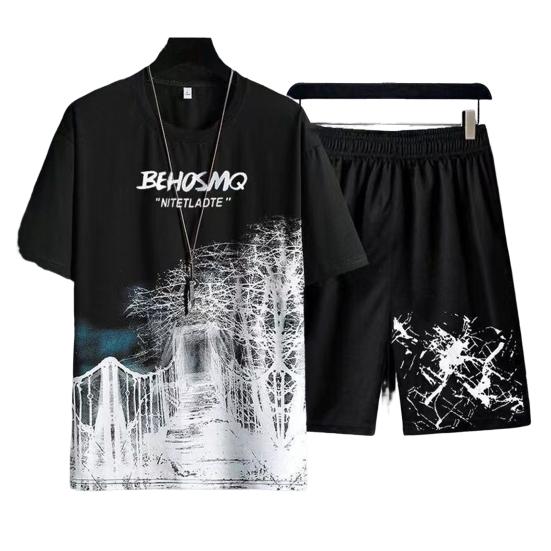 2Pcs/Set Casual Outfit Elastic Waistband Moisture Wicking Mid-rise Stylish Male T-shirt Shorts Activewear Streetwear