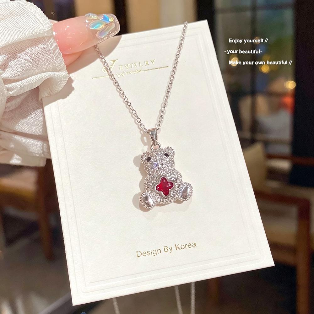 Charming Bear and Clover Pendant Necklace - Sparkling Diamond Micro-Set for Women, Gentle Style Clavicle Chain