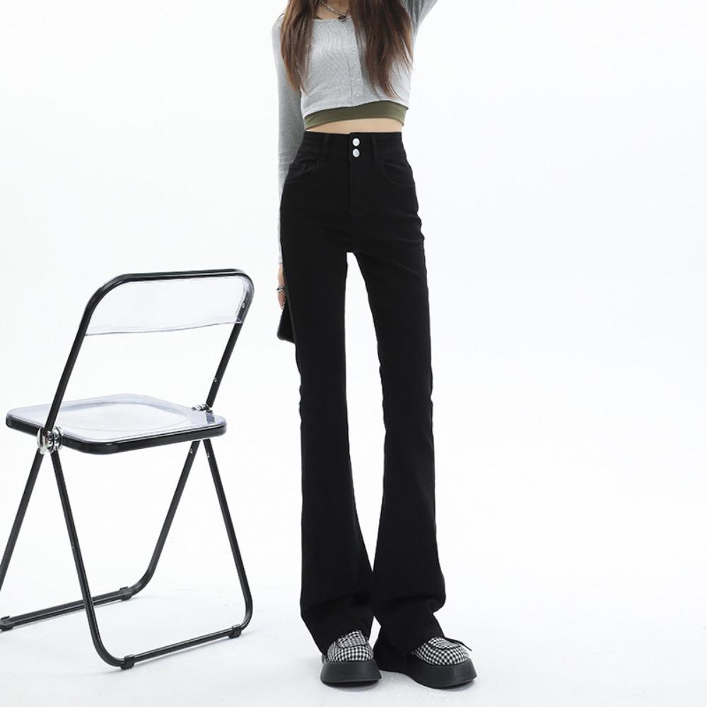 Korean version of double-buckle micro-flared jeans, new high-waisted and thin pear-shaped jeans in spring and autumn
