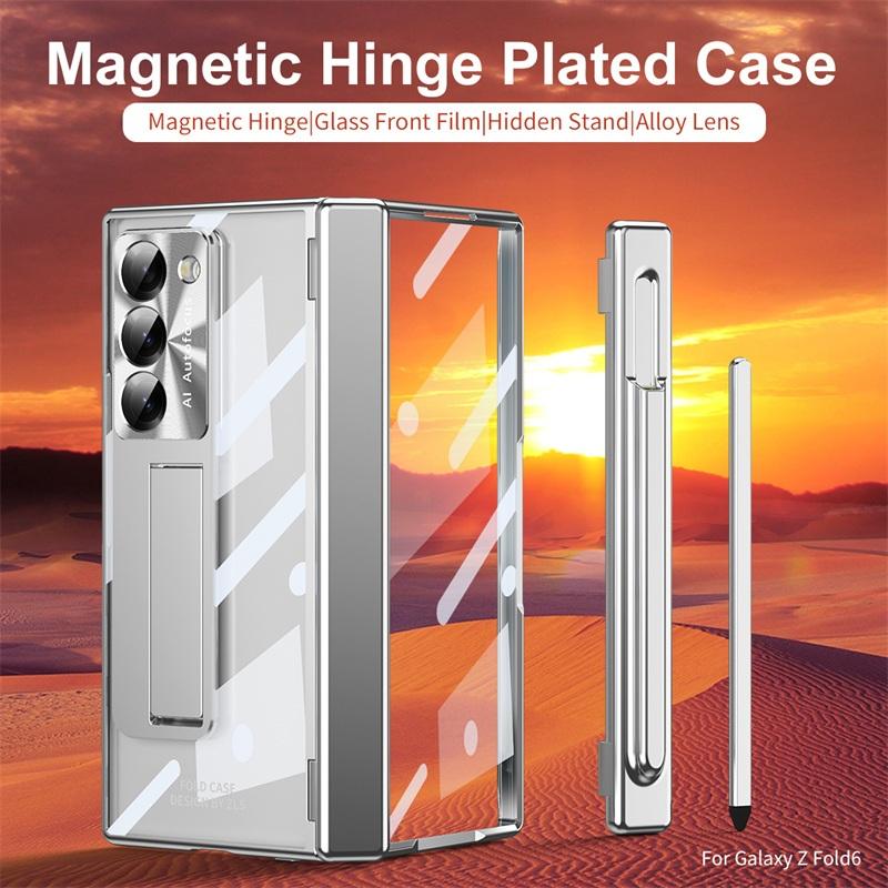 For Samsung Galaxy Z Fold 6 5 4 3 Transparent Plating PC Hinge protection Full Body Stand Pen Slot Case with Tempered Glass