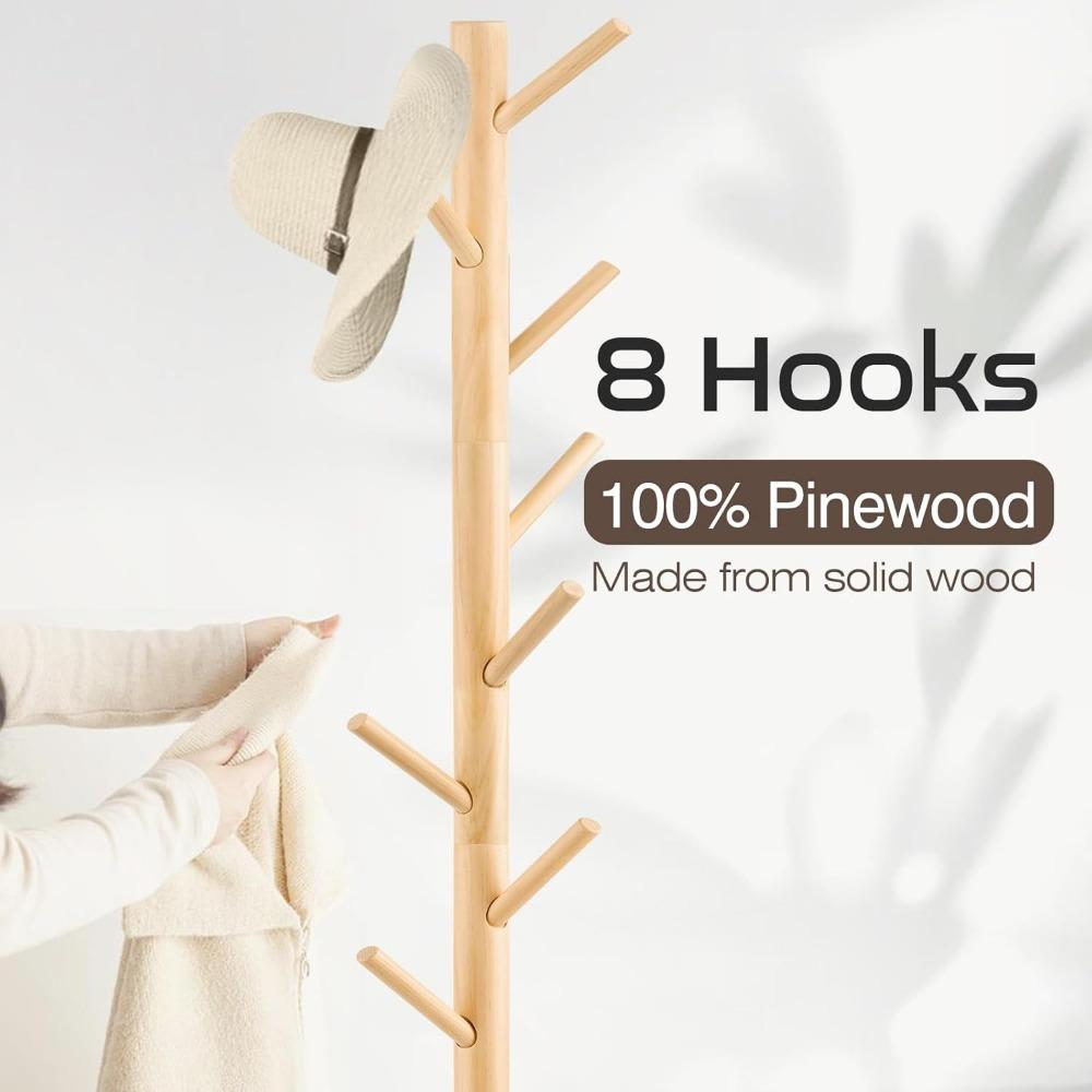 Garderobenständer, freistehende Garderobe mit 8 Haken und 3 größenverstellbaren Baumgarderoben für Schlafzimmer, Flur, Eingangsbereich, Büro, Hüte, Mäntel, Schals, Handtaschen