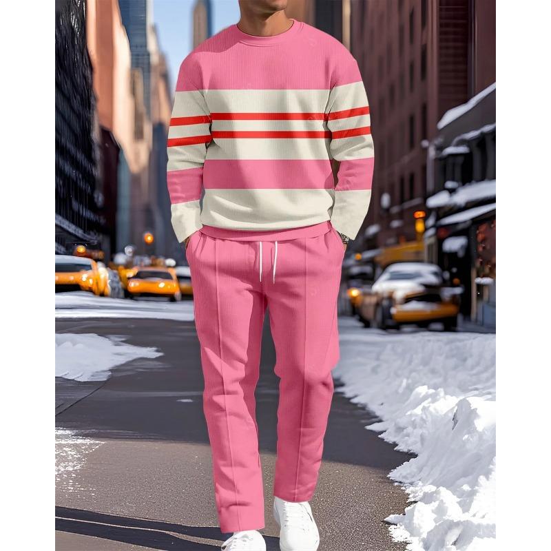 Men's Casual 2-Piece Set Comfortable Long-Sleeved Printing Round Neck Man T-Shirt and Drawstring Sport Two-Piece Sets