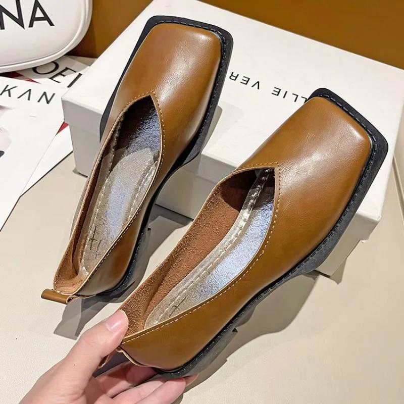 Flat Shoes Women Square Toe Single Shoes Simple Temperament Leather Shoes Spring Autumn 4 Colors 35-40