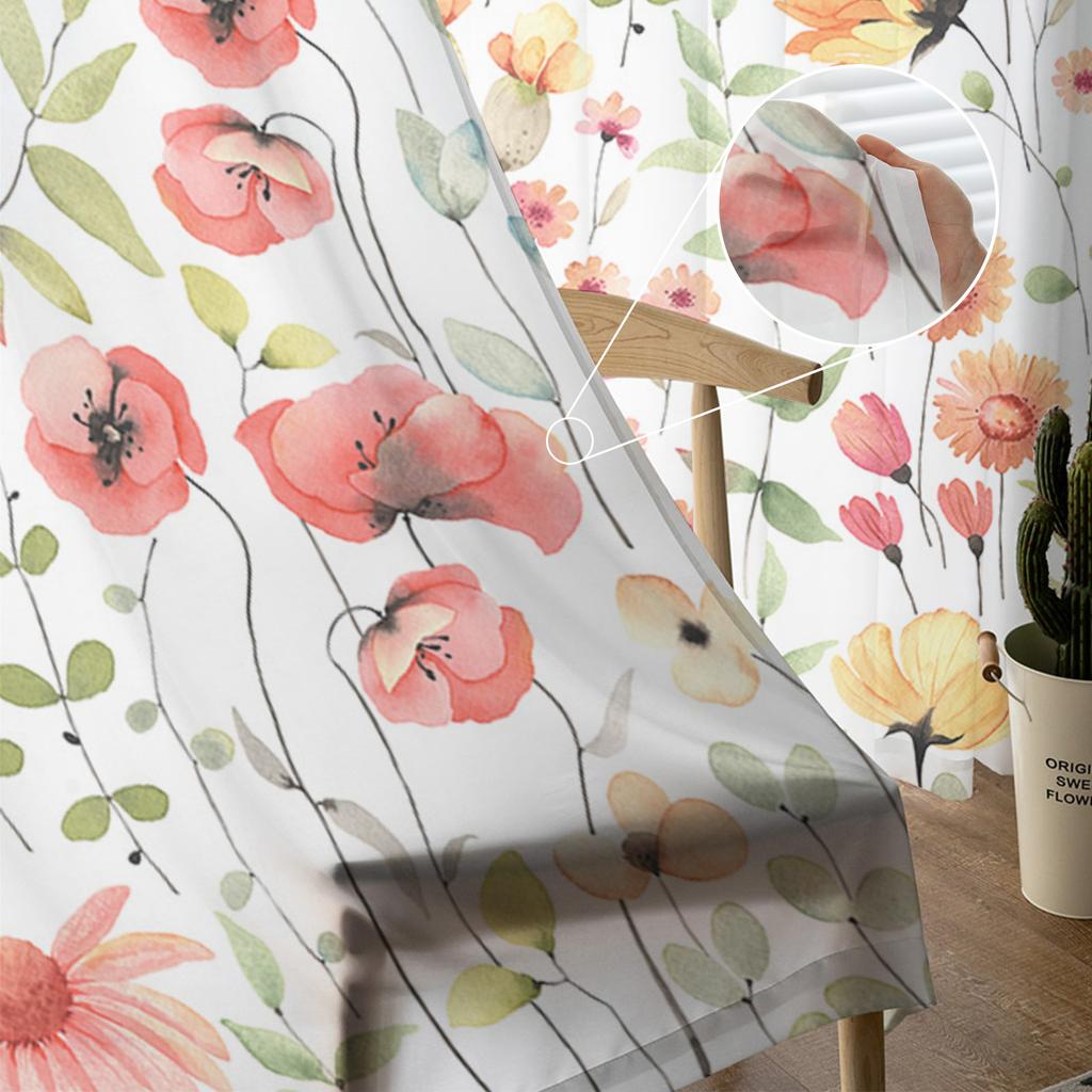 Sunflowers Eucalyptus Leaves Poppy Flowers Voile Sheer Curtains Living Room Window Tulle Curtain Kitchen Bedroom Home Decor