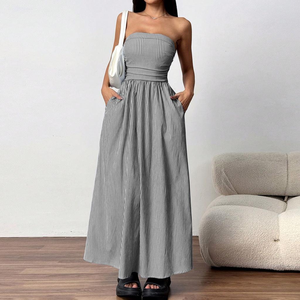 Women Strapless Maxi Dress with Pockets Casual Loose Fit Long Dress European Style Striped Print Sleeveless Sundress