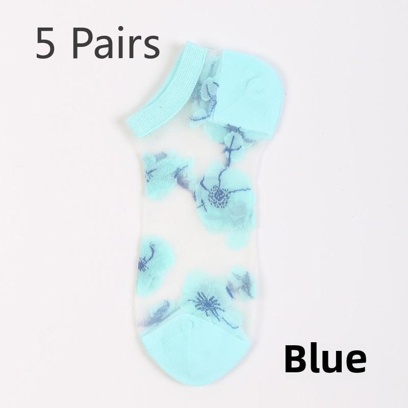 

5 пар женских носков весна и лето тонкие женские носки-лодочки из стеклянного шелка модные дышащие короткие чулки с короткими рукавами ручной работы 5 Pairs синий