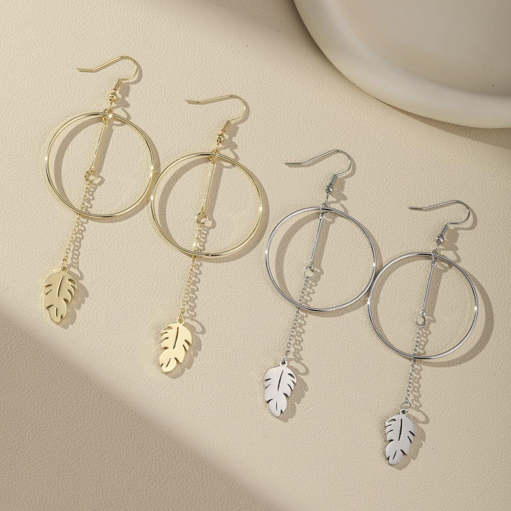 Large Geometric Stainless Steel Tassel Earrings With Feather Leaf Pendant Retro Style