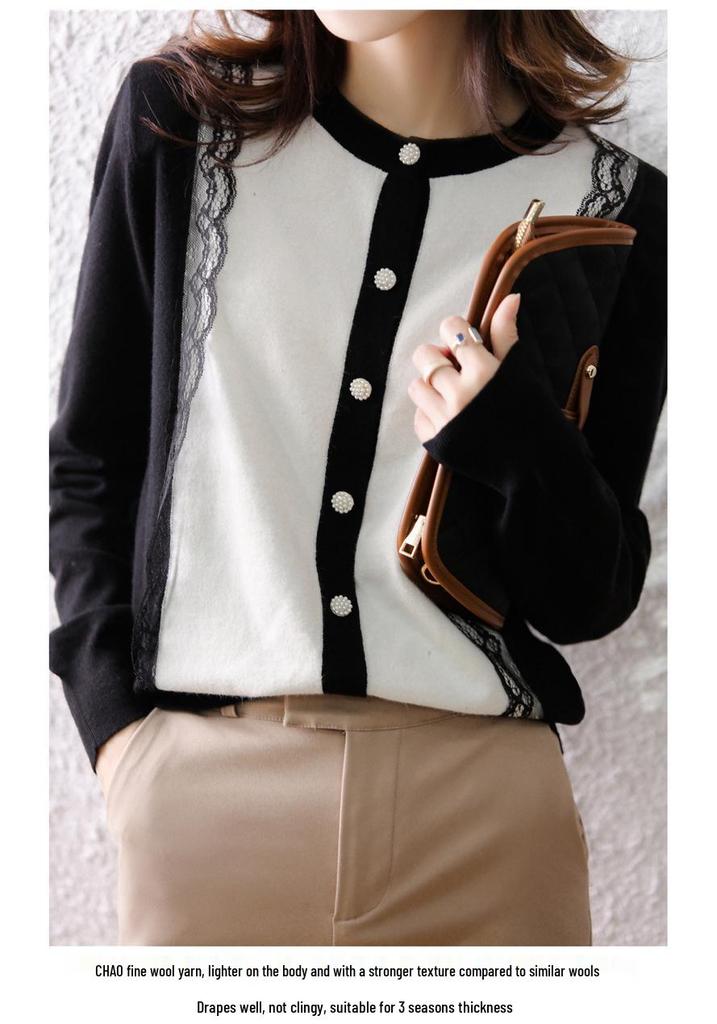 Women's Color Block Cashmere Knit Cardigan - Autumn/Winter Round Neck Lace Sweater Coat