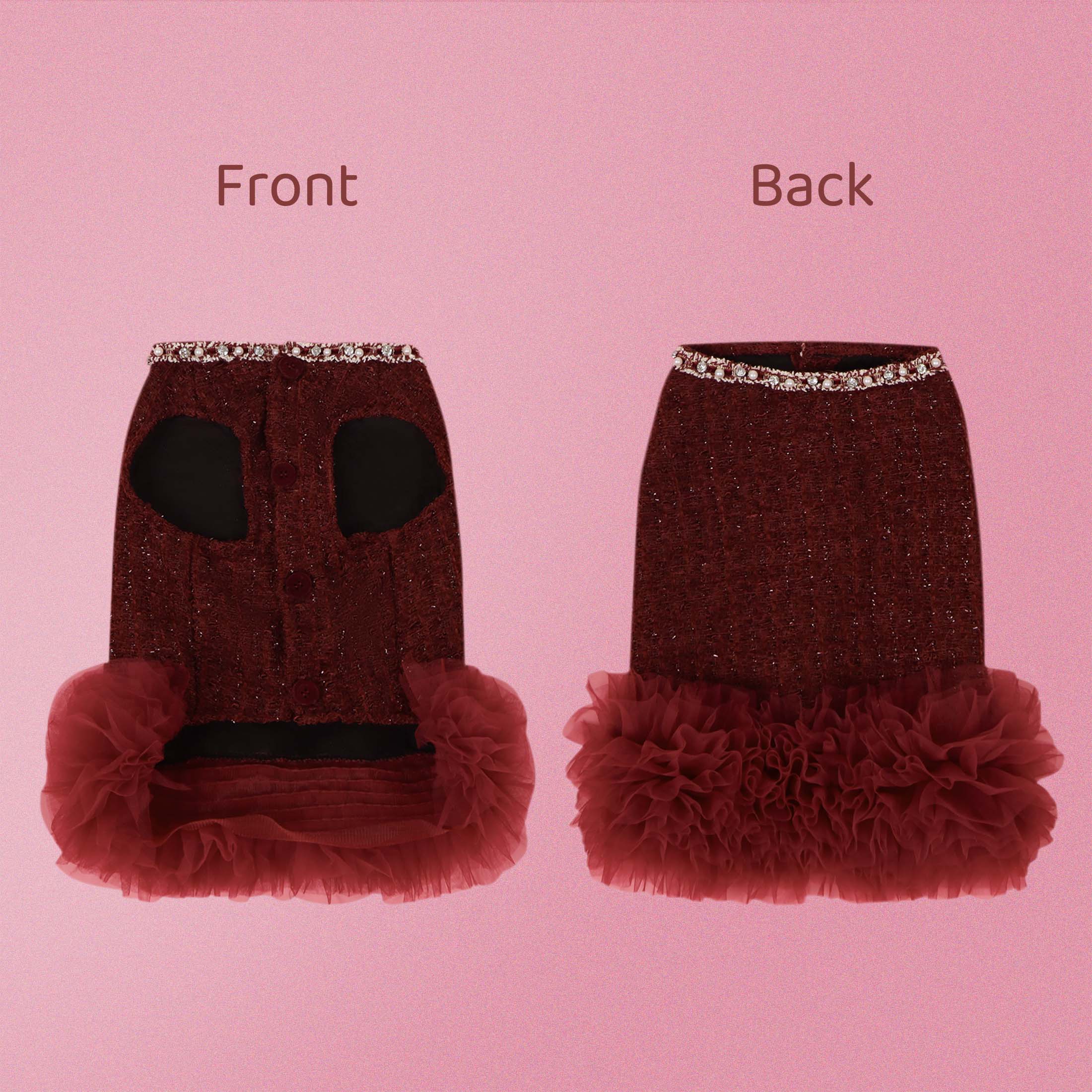 

Burgundy Sequin Pet Skirt with Tulle Ruffle Hem, Rhinestone Trim Dog/Cat Party Skirt, Tulle Ruffle Pet Apparel XS（old） бордовый