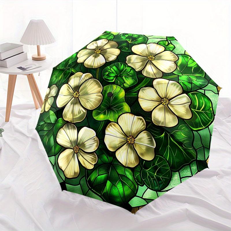 Stained Cute Window Panel with White Flowers and Green Leaves Decorative Artwork for Home or Garden (Circular) Umbrella - Cute