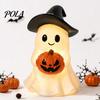 Whimsical Halloween Statue Ghost Figurine, Cute Resin Holding Pumpkin Small Party Prop for Desk Tabletop Indoor Home Decor Warm Glow Atmosphere Lamp