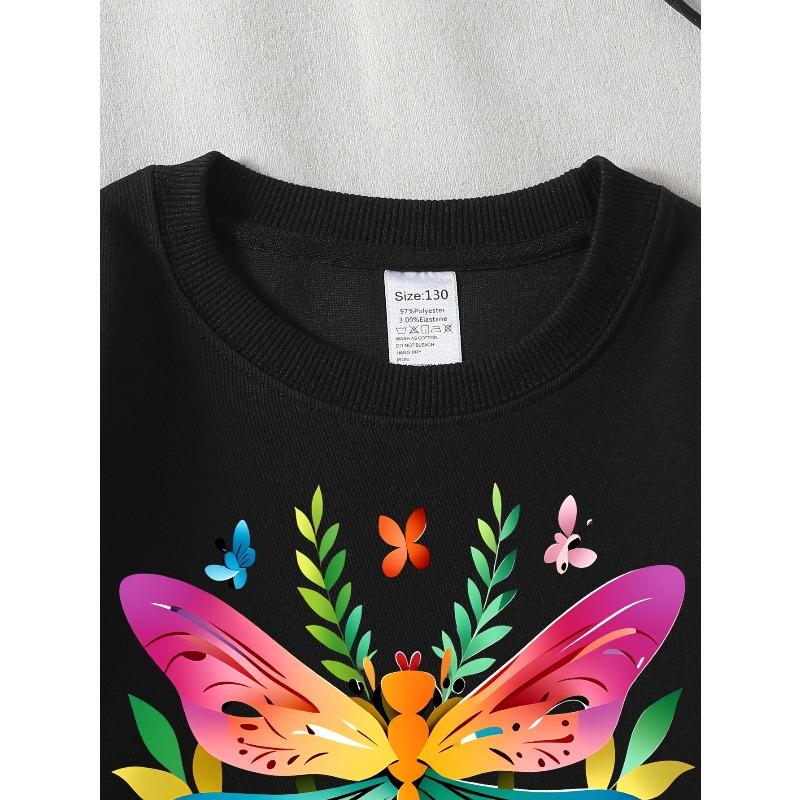 European Sizes Vibrant Dragonflies And Butterflies Crew Neck Sweatshirt for Girls, Autumn Winter Long-Sleeved Western Top.
