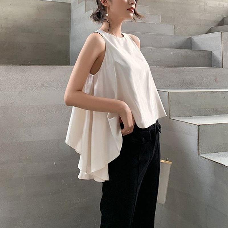 Commute Fashion Irregular Shirt Summer Korean Loose Sleeveless Solid Color All-match Casual Round Neck Blouse